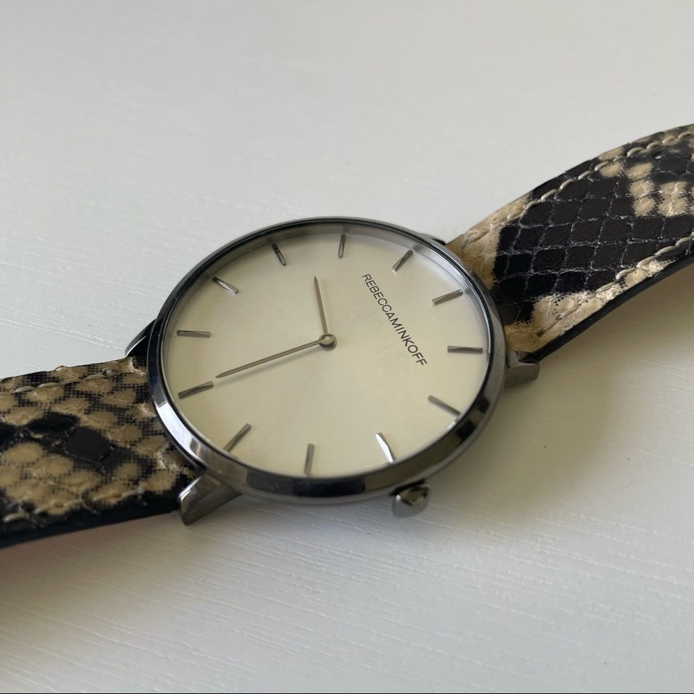 Rebecca Minkoff silver stainless steel and snakeskin print genuine leather watch